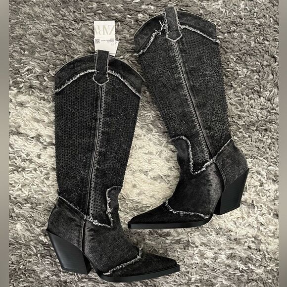 NWT Zara Rhinestone Denim Cowboy Boots - Picture 1 of 12